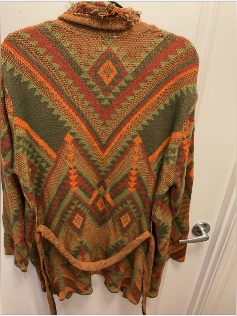 Ruby Rd. Olive, Rust & Orange Aztec Fringe Open Cardigan - Picture 4 of 5